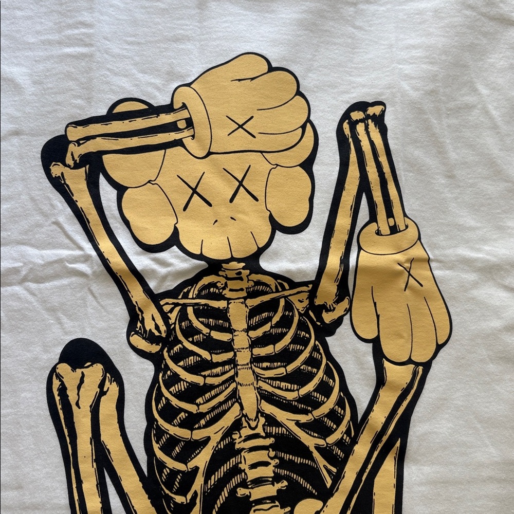 KAWS skeleton new fiction bone White Tee Tan Black Skeleton Character new XL - Picture 2 of 11